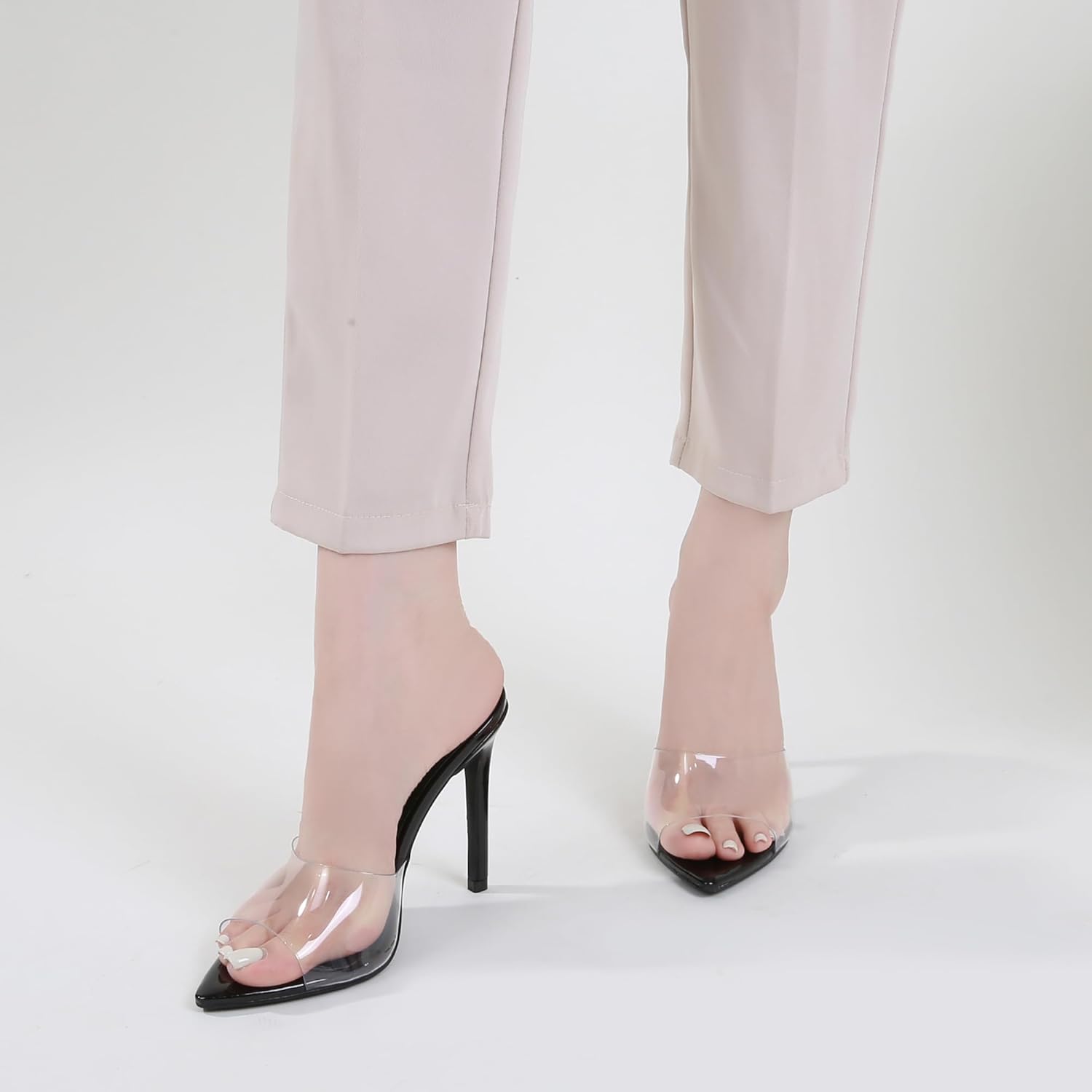 Women Clear Pointed Toe Sandals Stiletto Heels Transparent Strap High Heels Slip on Mules for Women - Image 8