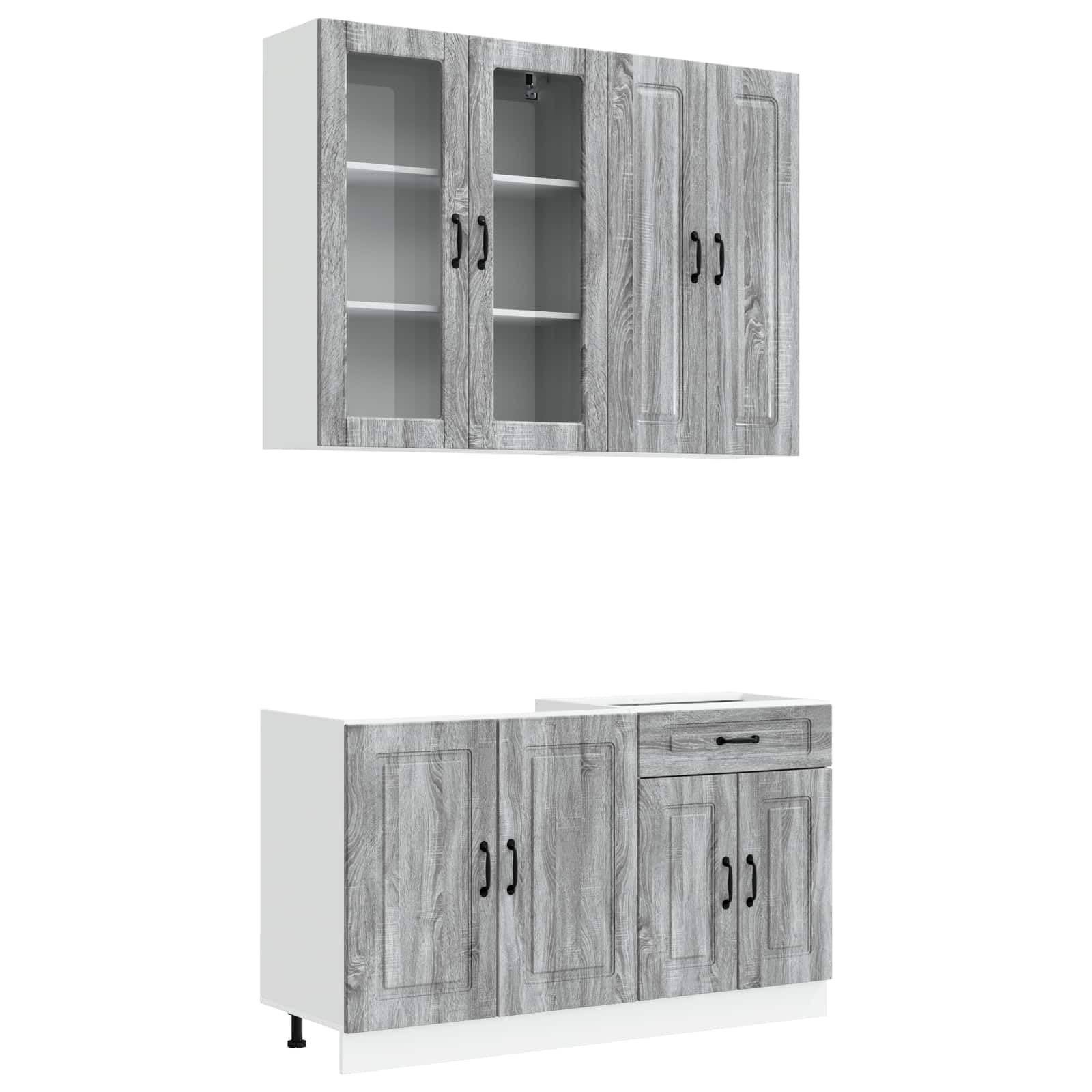 4-teilige Küchenzeile Küchenblock Grau Sonoma Holzwerkstoff | Modernes Küchenschrank Set für die Küche oder Ferienwohnung mit viel Stauraum und flexibel verstellbaren Füßen.