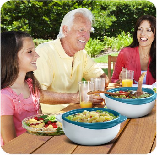 Foto von Pinnacle Servierschüssel für Salat/Suppenteller – Thermo-Schüssel mit Deckel – tolle Schüssel für den Urlaub, Abendessen und Party, 3 Stück (Türkis)