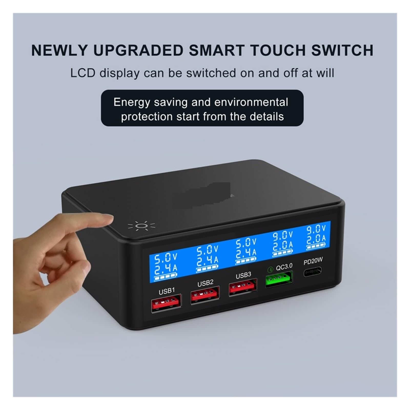 Stacja ładująca USB Szybka Ładowarka USB PD QC O Mocy 65 W, 5 Portów, Inteligentna Stacja Ładująca Hub, Adapter Szybkiego Ładowania USB C, Ładowarka Typu C, Wyświetlacz, Ładowarki Biurkowe.(Size:WHITE