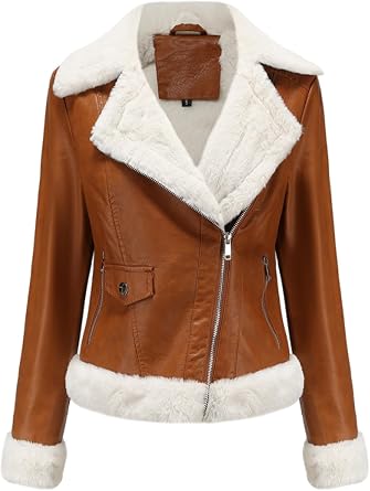 Womens Trendy Winter Coat Faux Lamb Fur Leather Cropped Lambswool Biker Jacket Lapel Zipper Bomber Aviator Coat