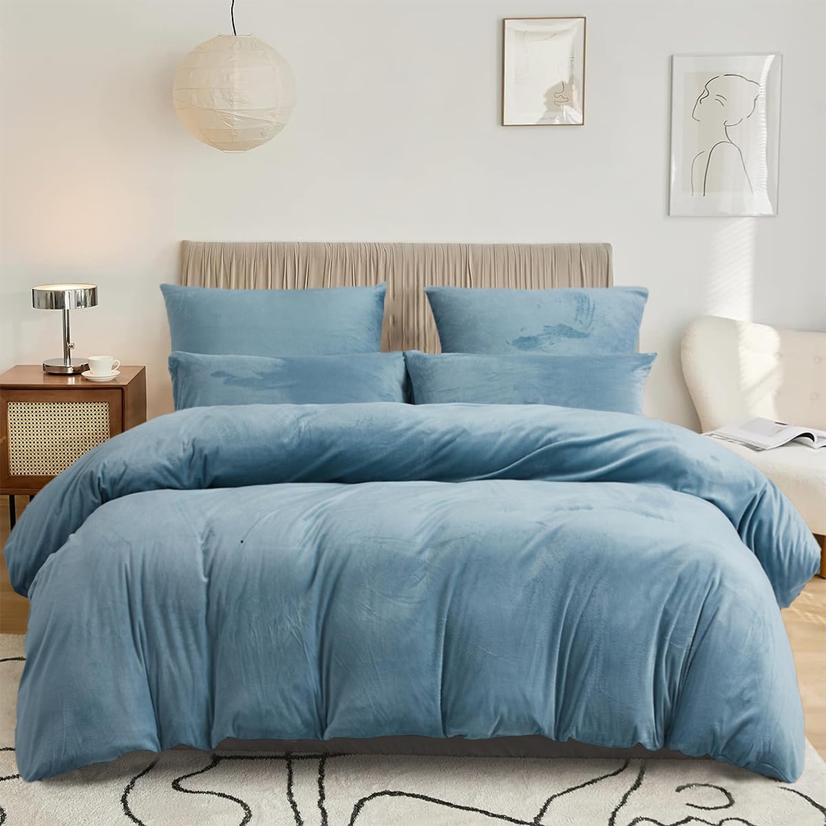 DXHOME Ropa de cama de forro polar, 220 x 240 cm, color azul claro y azul, para invierno, mullida, suave, reversible, tacto cachemira, funda nórdica con cremallera y 2 fundas de almohada de 80 x 80 cm