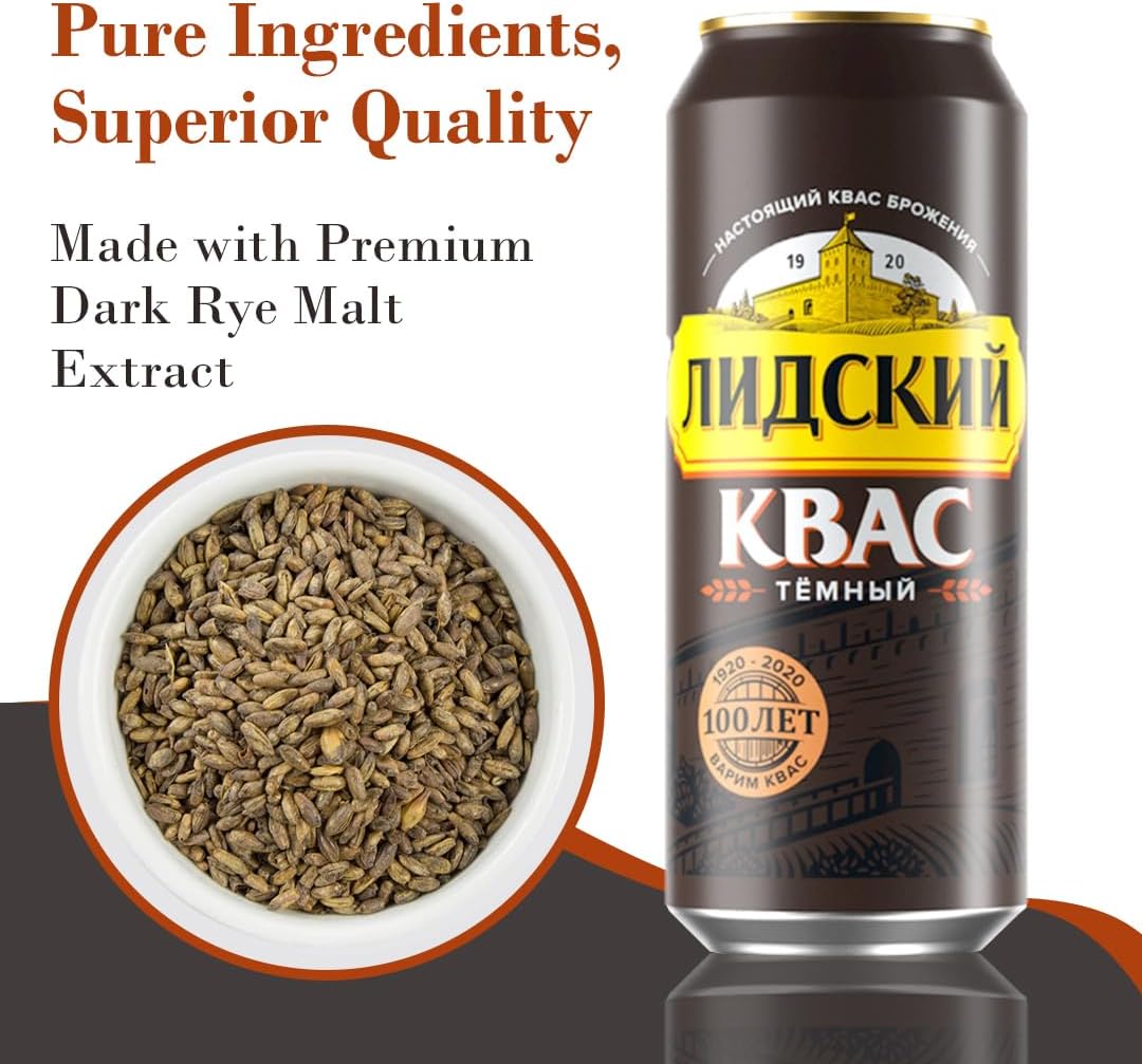 Authentic Eastern European Fermented Kvass LIDSKI Dark Drink - Soft Drink Made with Rye Flour, Rye & Barley Malt – Non Alcohol Russian Soda - 6-Pack of Kvass Drink Can15.20 fl. oz (0.45L)