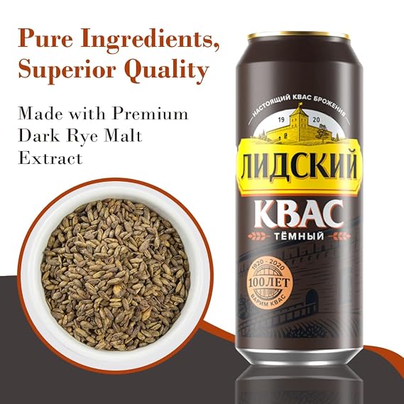 LIDSKI Dark Kvass - Authentic Eastern European Fermented Drink | Fermented Drink Made with Rye Flour, Rye & Barley Malt - Non-Alcoholic Russian Soda - 3-Pack of 15.22 fl. oz (0.45L) Cans