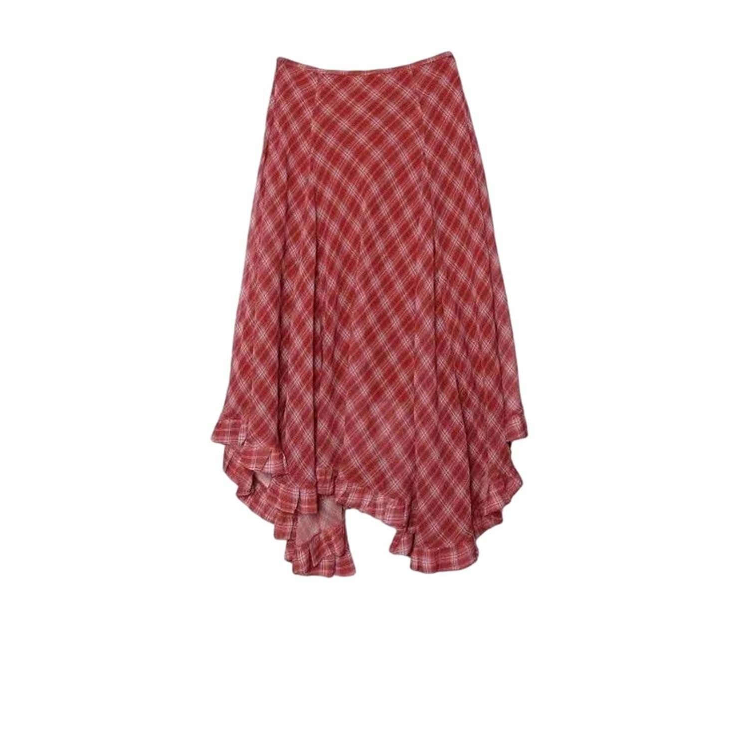 Womens Vintage Two-Tone Gingham Midi Skirt with an Asymmetrical Hem Tree Fungus Ruffle Loose Fit