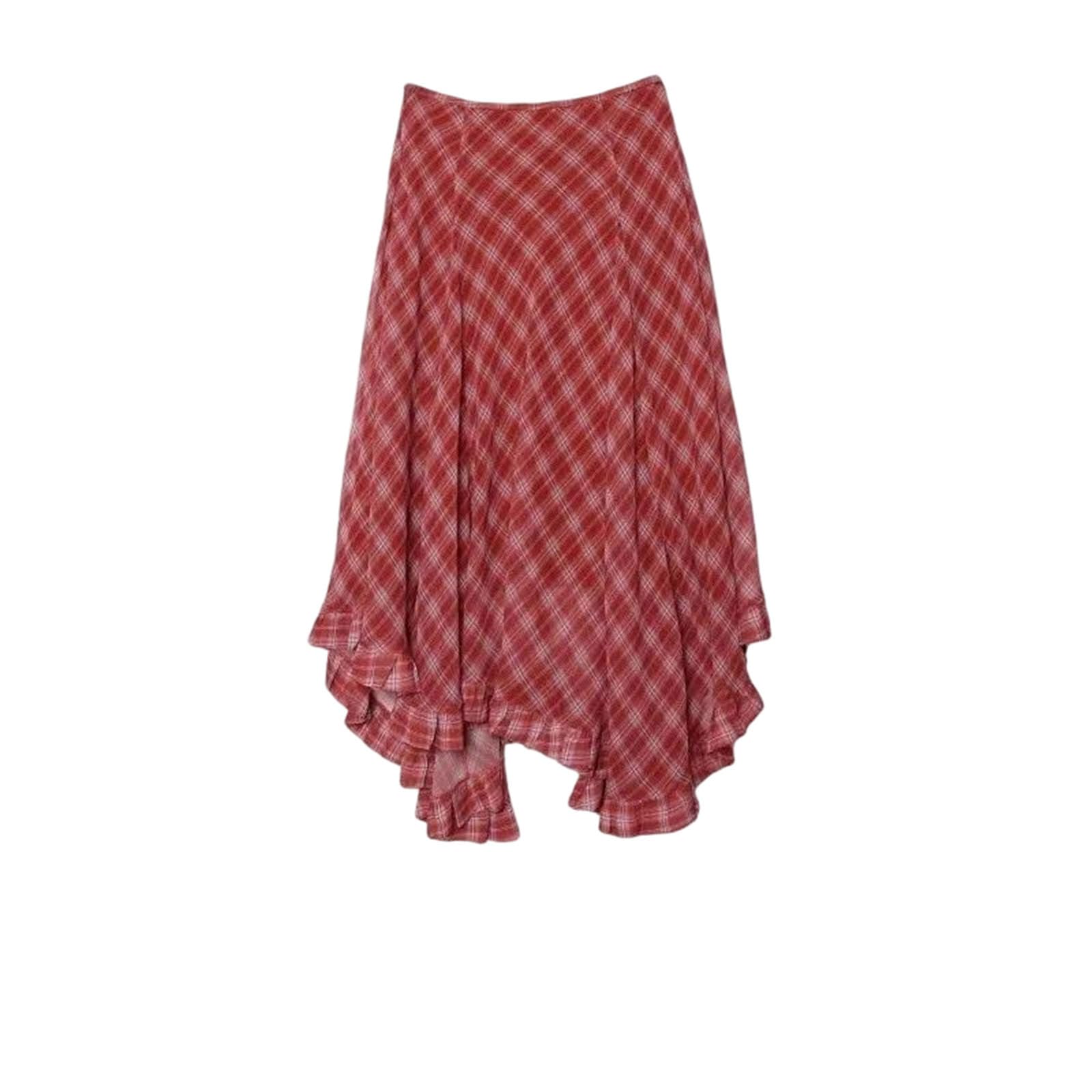 Womens Vintage Two-Tone Gingham Midi Skirt with an Asymmetrical Hem Tree Fungus Ruffle Loose Fit