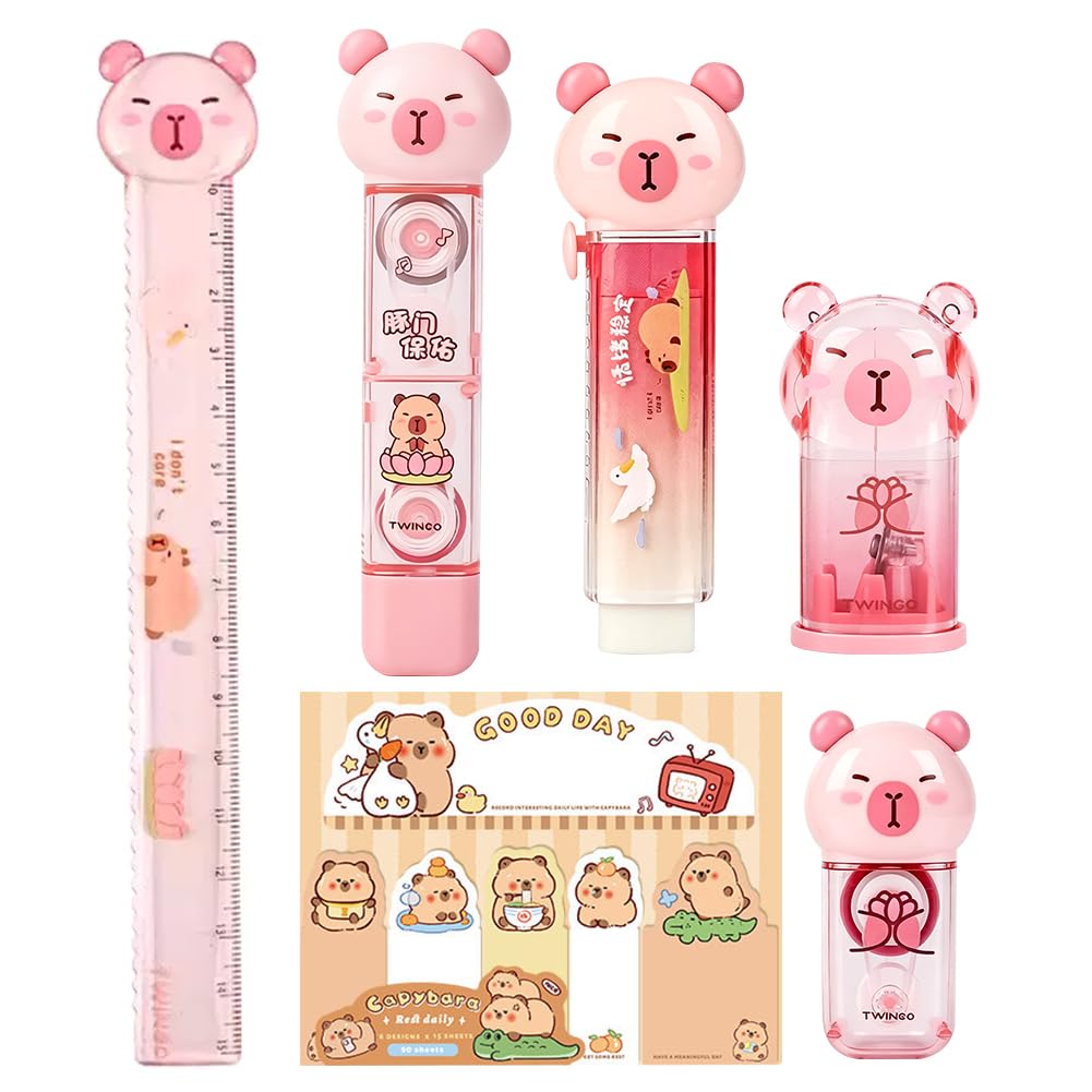 VorPrillynt Capybara Stationery, Capybara Stationery Set, Cute Capybar Set Ruler, Correction Tape, Dots, Glue, Eraser, Pencil Sharpener, Sticky Notes (Pink) — image 1