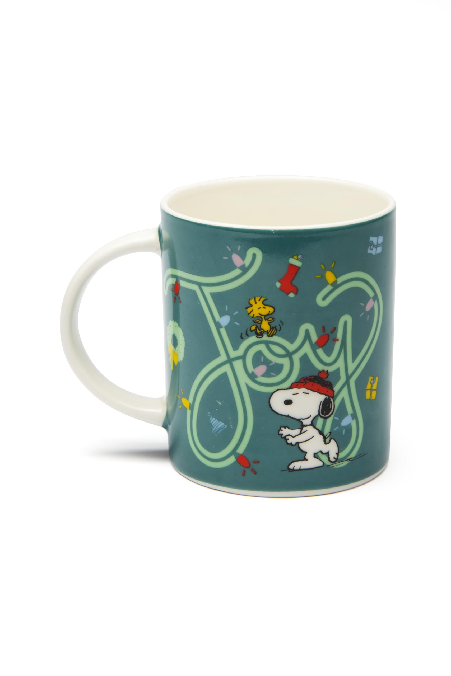 Excelsa Peanuts Shiny & Bright New Bone China Christmas Mug, Green and White, 300ml, 11.5x7.5x10cm, Snoopy and Woodstock Decoration (1)