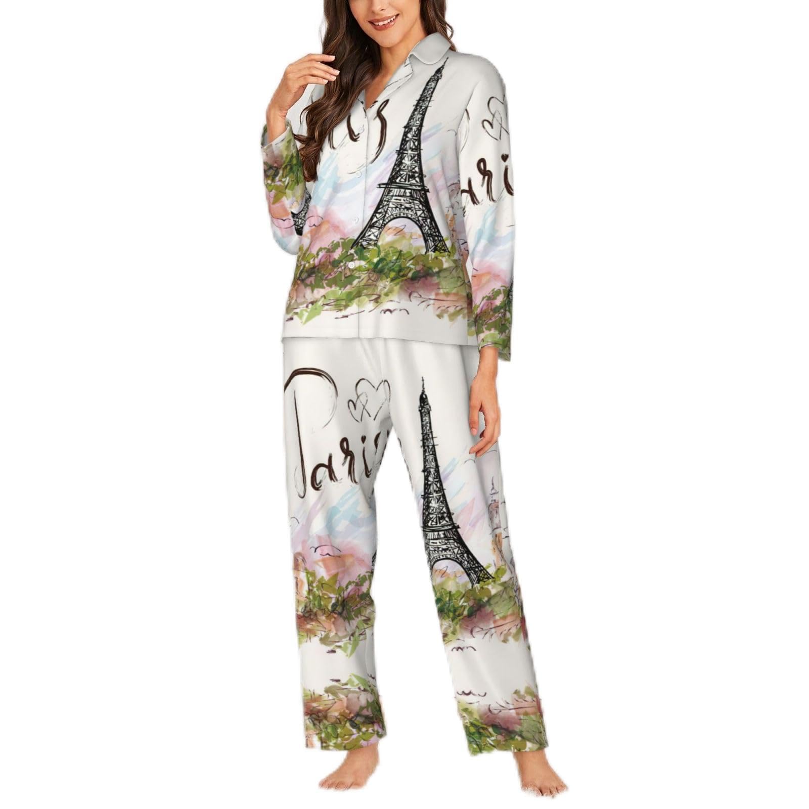Fgwaauh Women's Black Paris Eiffel Tower Pajamas Set 2 Piece Long Sleeve Sleepwear Button Down Pjs Lounge Set Nightwear