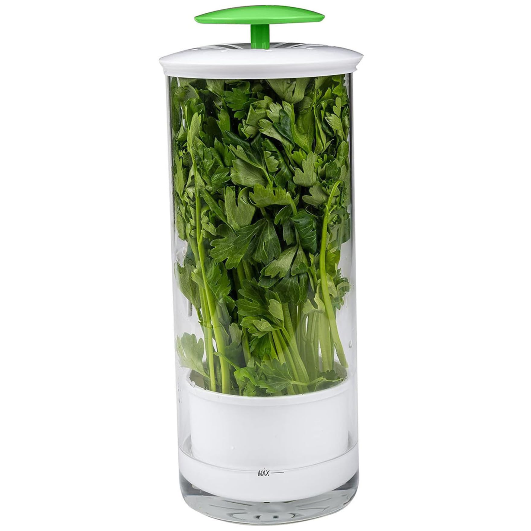 Peosaard White And Green Herb Saver, 12.8X5.3 Clear Plastic Herb Keeper With Breathable Hole, Keep Fresh Storage With Handle For Cilantro, Mint, Parsley, Asparagus, Keeps Greens Fresh For 2-3 Weeks, Saver