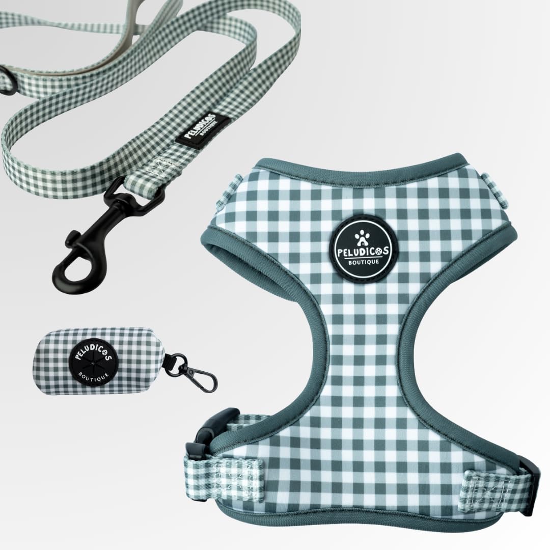 Pack Arnés,Correa y Portabolsas Caqui para Perro Ajustables de Neopreno – Diseño Vichy, Cómodos y Resistentes – 5 Tallas