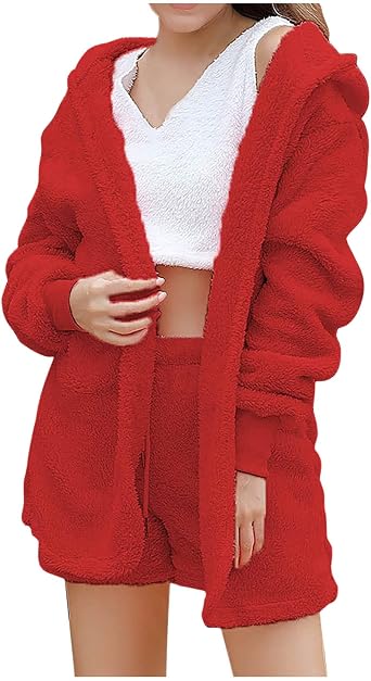Women Warm Fuzzy 3 Piece Outfit Pajamas, Fleece Hooded Cardigan Outwear Sleeveless Crop Tank Tops Shorts Sleepwear Set Red