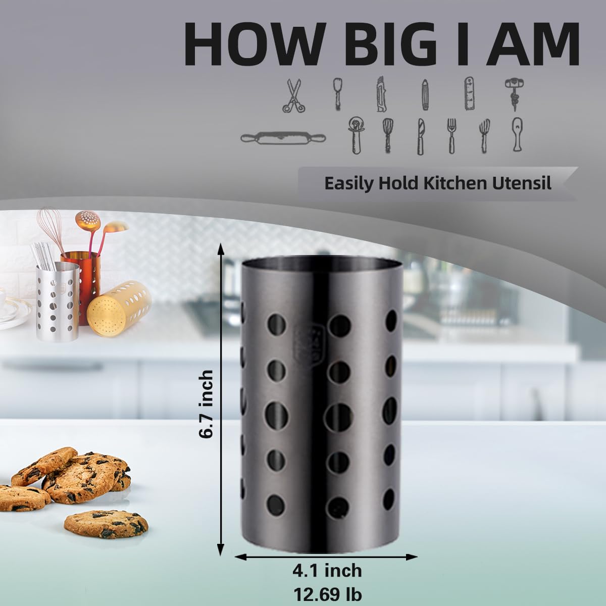 QRU Soporte para utensilios de cocina para encimera (6.7 pulgadas de alto x 4.1 pulgadas de ancho), organizador de utensilios de cocina de acero inoxidable para herramientas, espátulas, cucharas,