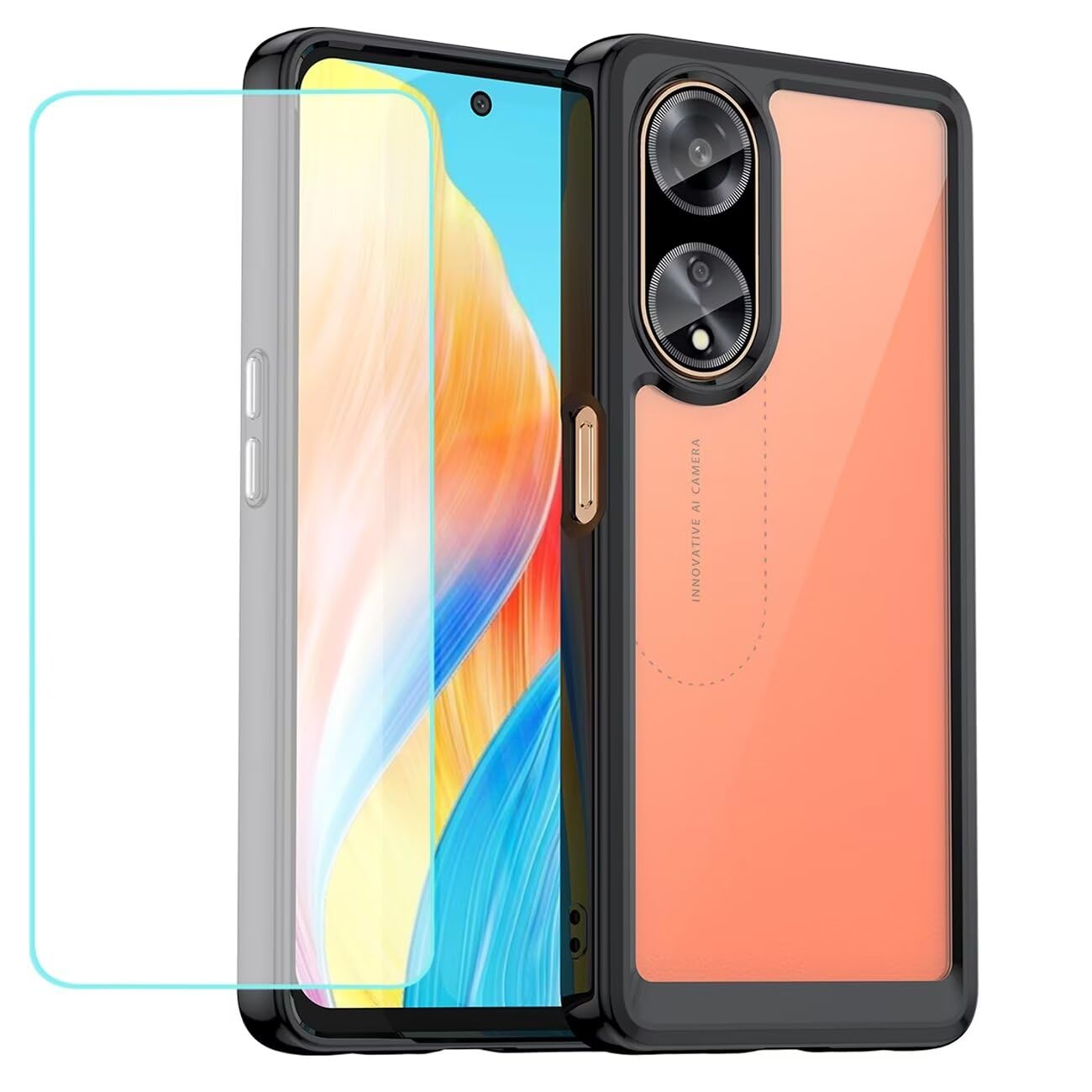 Case for Oppo A98 Case, Oppo A1 5G CPH2529 Case with Tempered Glass Screen Protector, Anti Yellowing Clear Hard PC Back & Soft TPU Bumper Protective Phone Cover for Oppo A98 5G Crystal Black