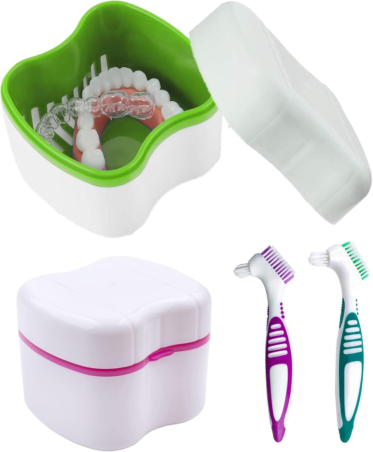 2 Denture Bath Case and 2 Cleaning Brushes with Dual Brush Heads,Braces