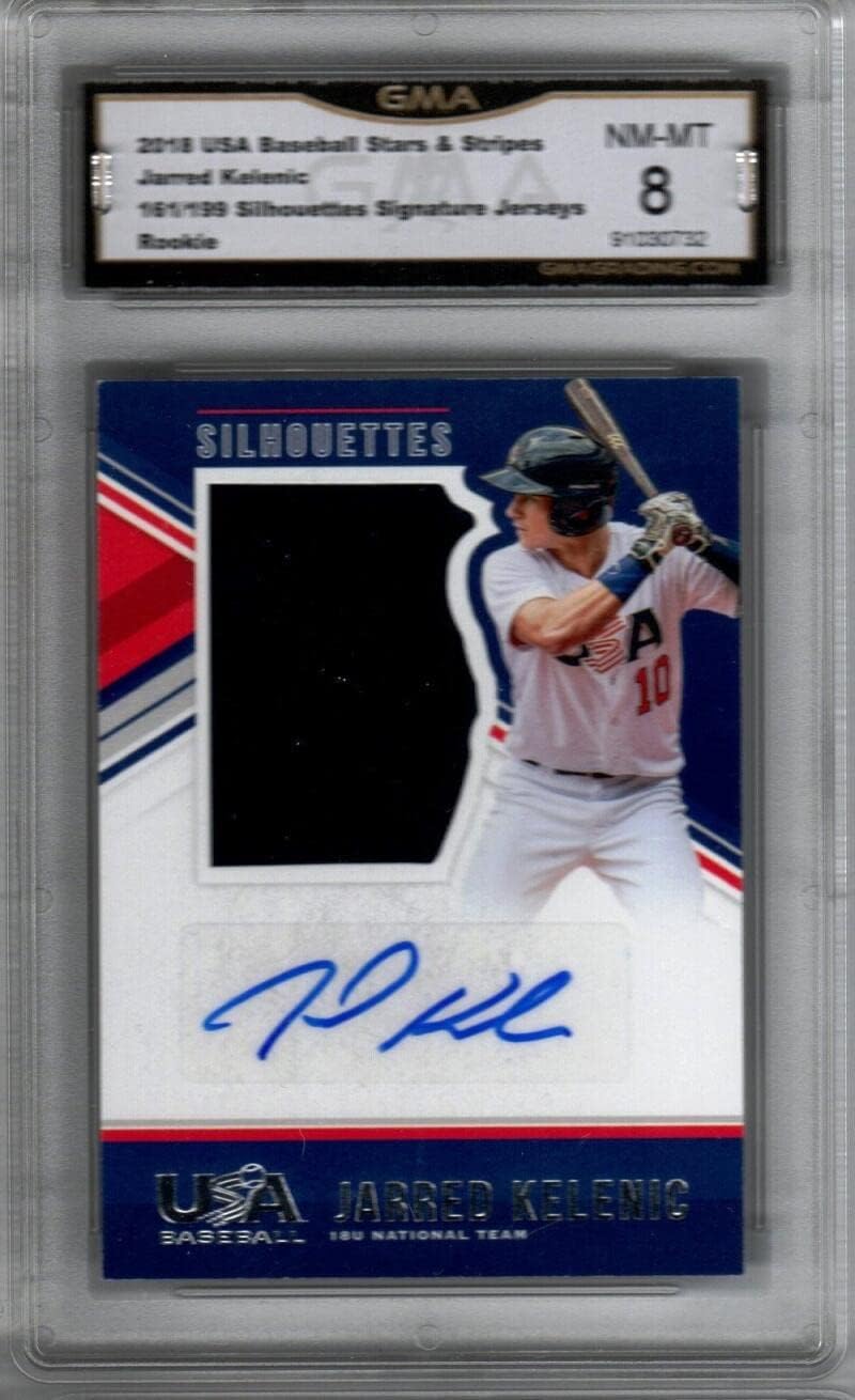 2018 Panini USA Stars & Stripes Signature Jersey #34 Jarred Kelenic RC Rookie AUTO 161/199 Graded GMA 8 (NM-MT) MLB Baseball Trading Card Seattle Mariner