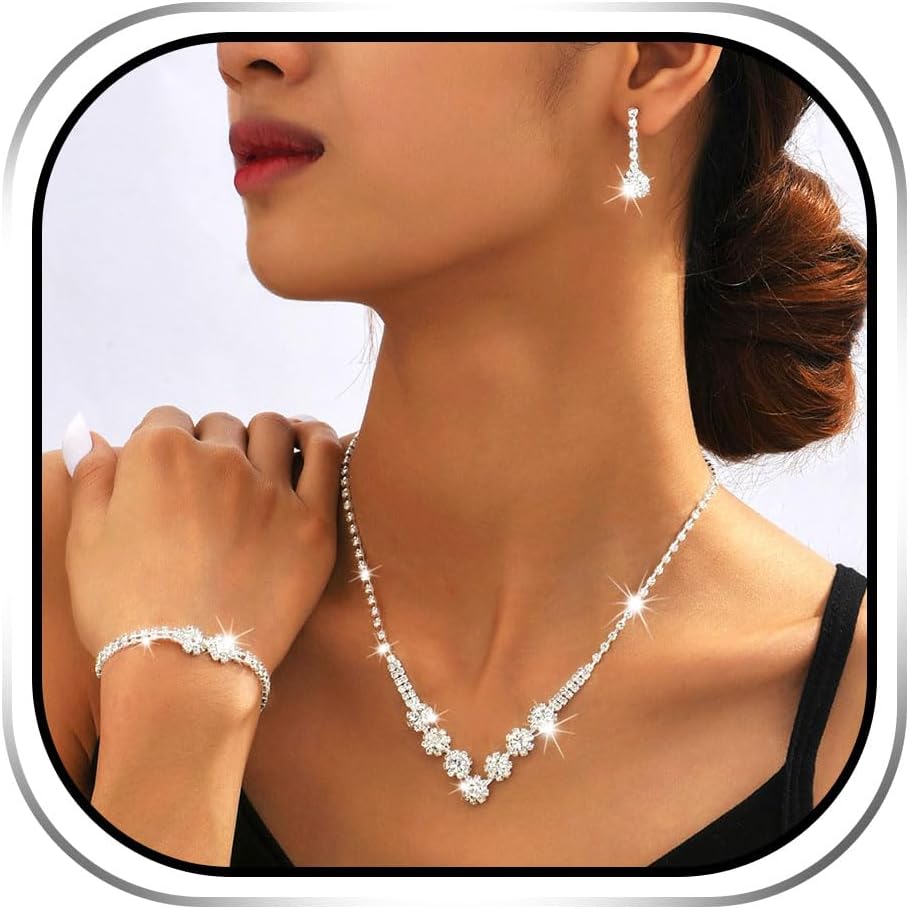 Sixexey Silver Wedding Jewelry Set Rhinestone Bridal Jewelry Sparkly Prom Costume Necklace Jewelry for Women