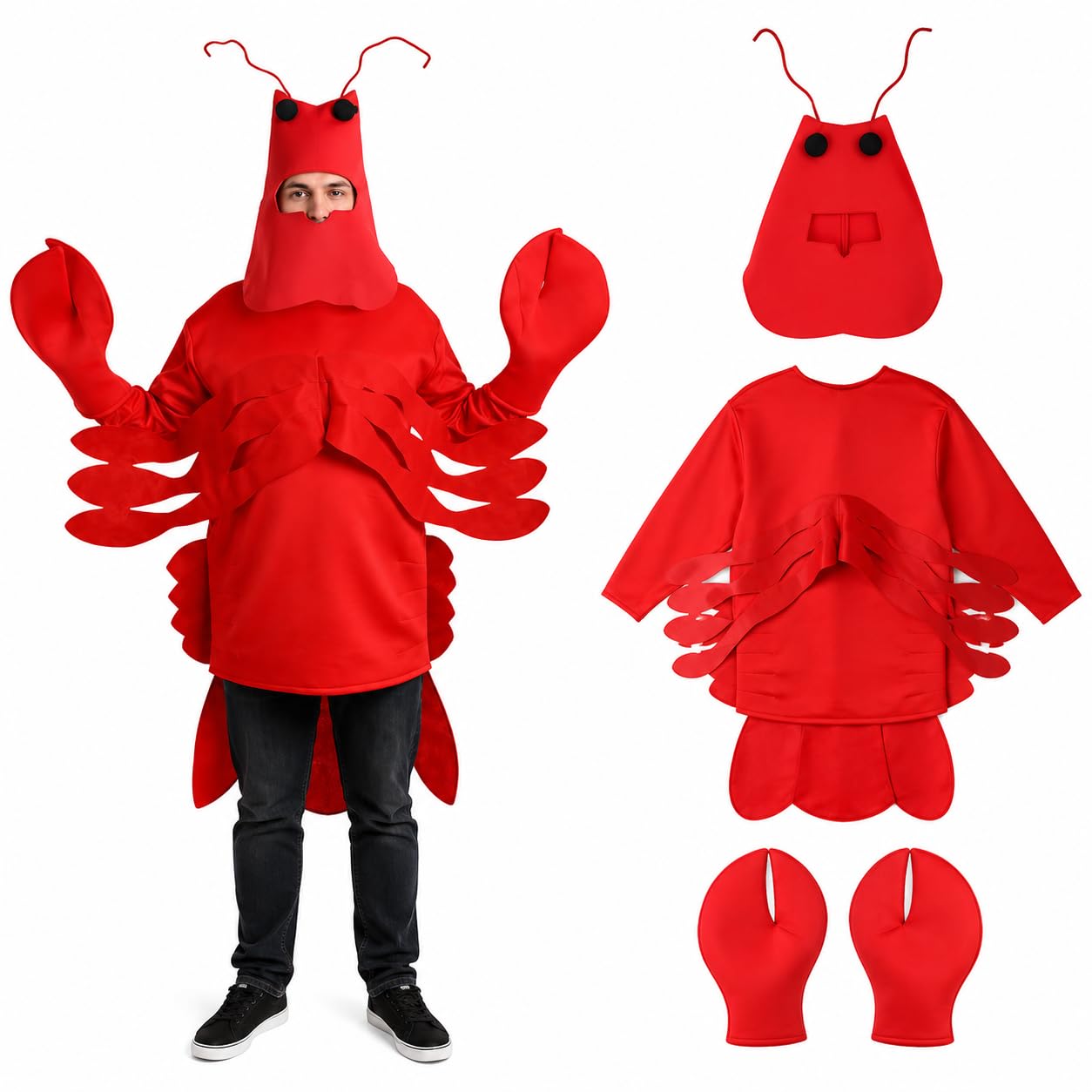 Hyelntu Lobster Costume Realistic Shrimp Jumpsuit Headpiece Red Fancy Dress Lobster Fish Crab Costume for Adults Halloween Carnival