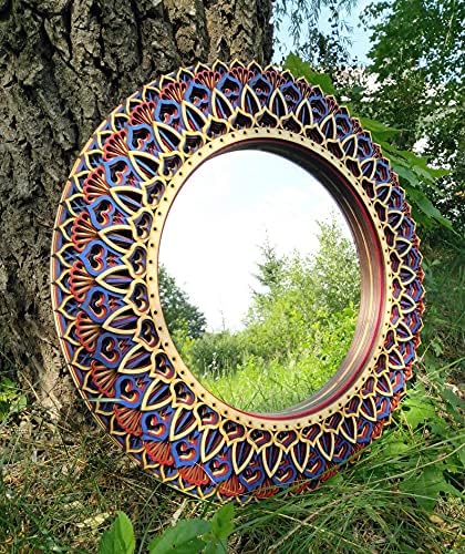 BHDecor Mirror Home Wall Decor  Multilayered Laser Cut Carved Frame Elegant Wooden Mandala Hanging MDF Panels for Decoration - Rustic Handmade Contemporary Artwork (Natural, 22.8in/58cm)