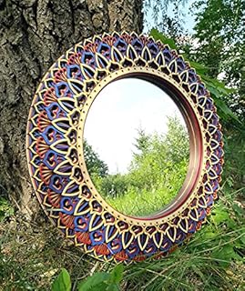 BHDecor Mirror Home Wall Decor  Multilayered Laser Cut Carved Frame Elegant Wooden Mandala Hanging MDF Panels for Decoration - Rustic Handmade Contemporary Artwork (Natural, 22.8in/58cm)