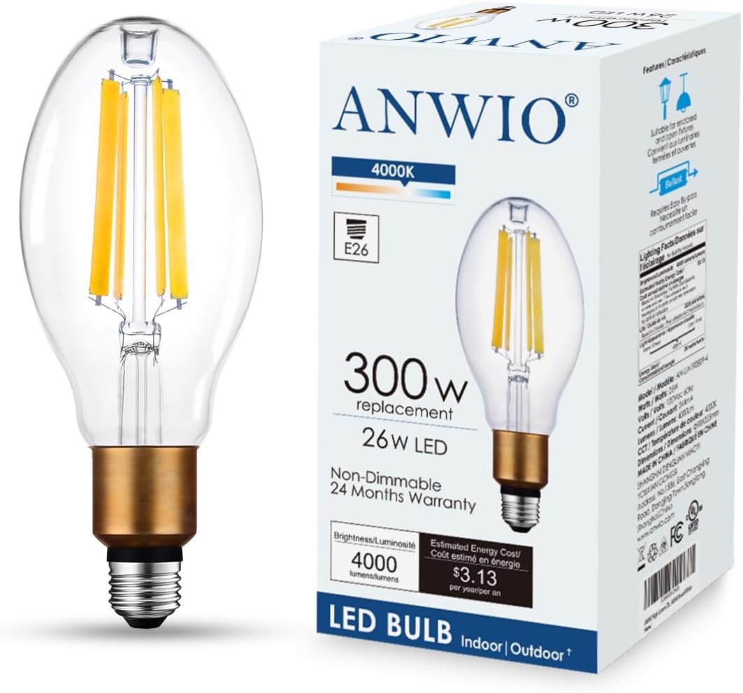 ANWIO LED ED28 Filament High Brightness Bulb, 26W(300W Incandescent Equivalent) Nondimmable 4000K Neutral White Light with E26 Base, 4000Lm Alternative for HID/HPS/Metal Halide Bulb