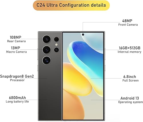 Miniatura 3 de C24 Ultra 5G Smartphone 16+512GB teléfono desbloqueado, cámara de zoom de 48+108MP, 6800mAh 6.8 pulgadas pantalla HD desbloqueada, teléfono celular
