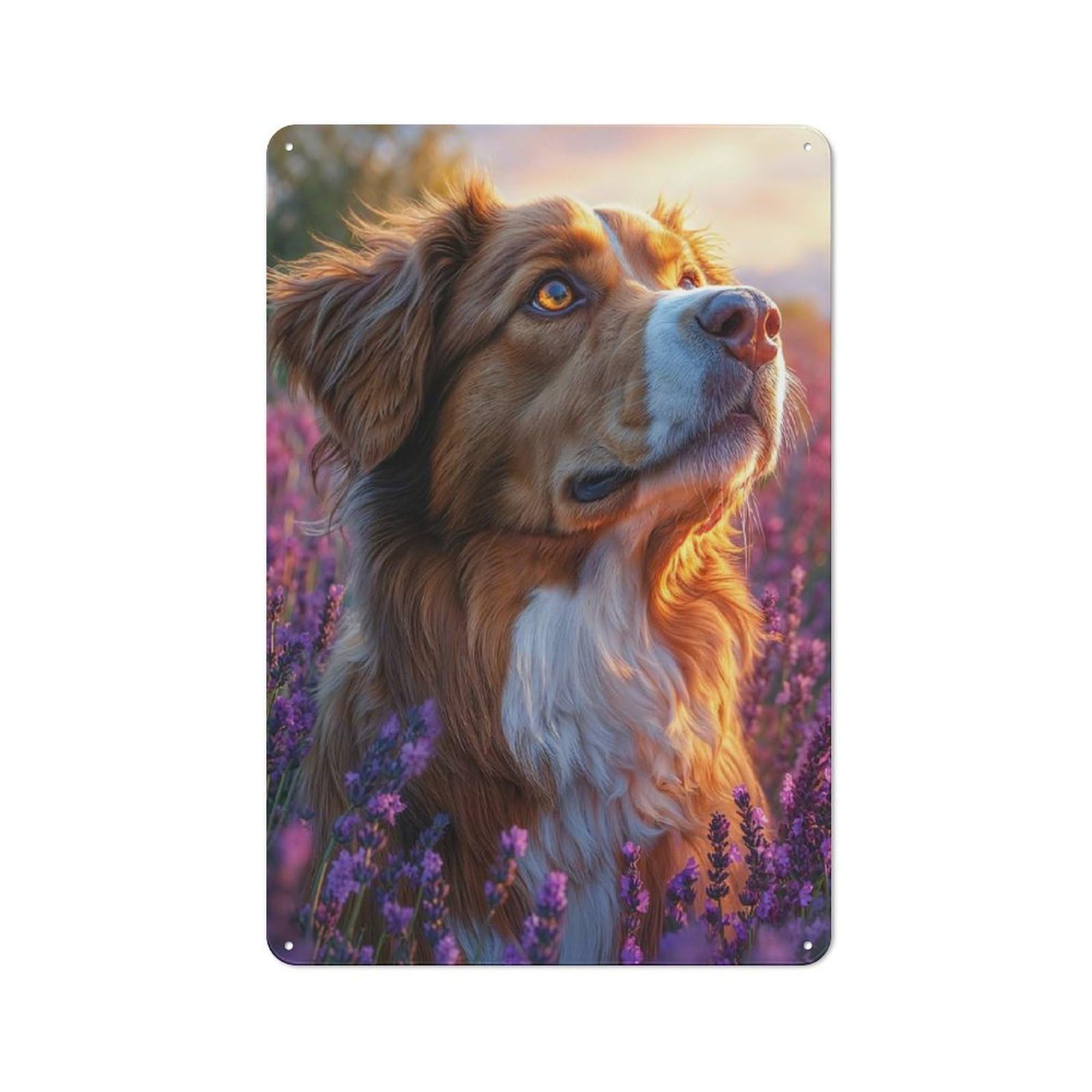 Dog in Lavender Field Portrait Rustic Tin Sign 30x20cm for Garage Or Workshop, with Clear Rustic Wall Decor Character