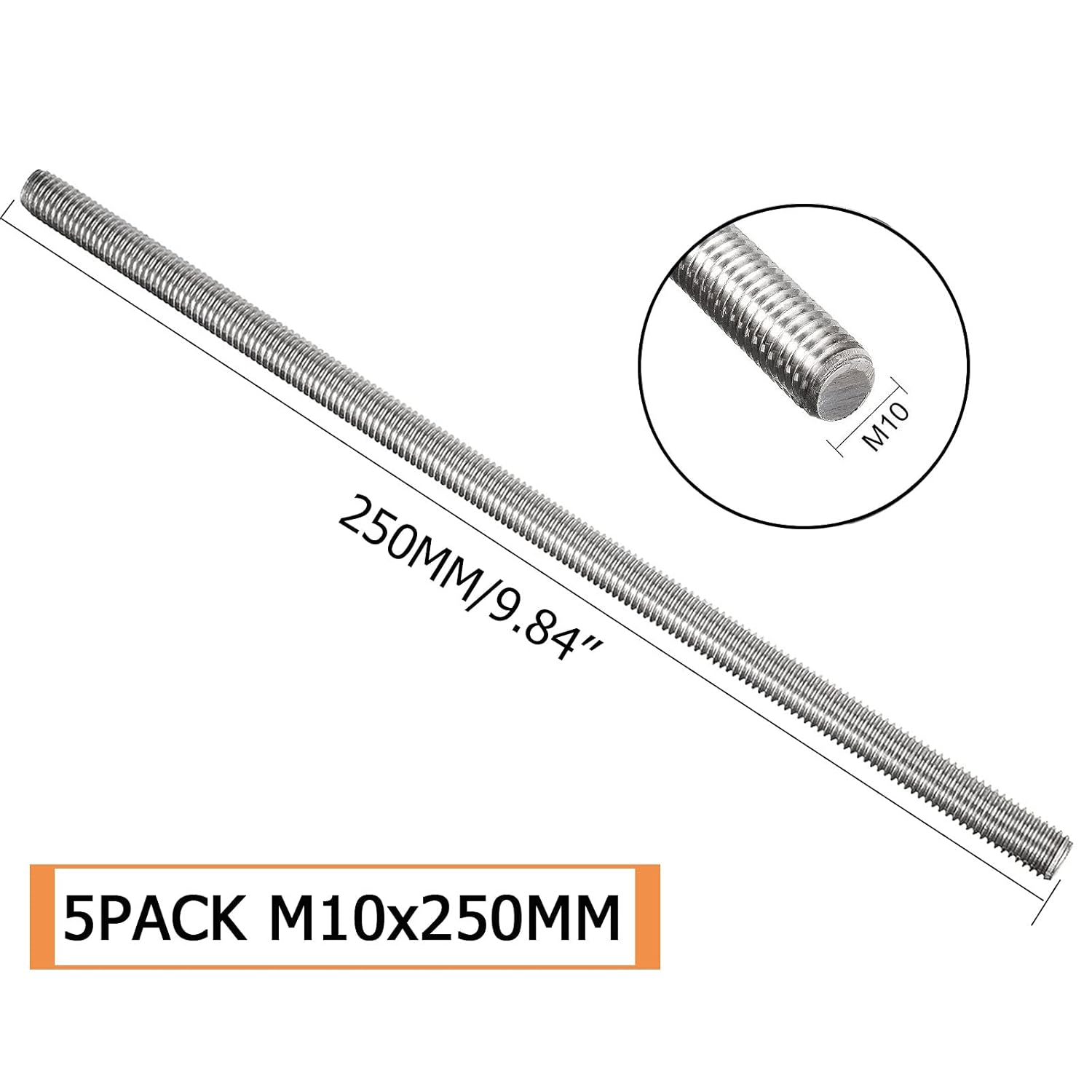 CEE 5Pack M10 x 250mm Fully Threaded Rod Stud 304 Stainless Steel 0.39"x10" Long Threaded Screw, Right Hand Thread Bar Studs Rods for Anchor Bolts, Clamps, Hangers, U-Bolts, M10-1.5mm Thread Pitch