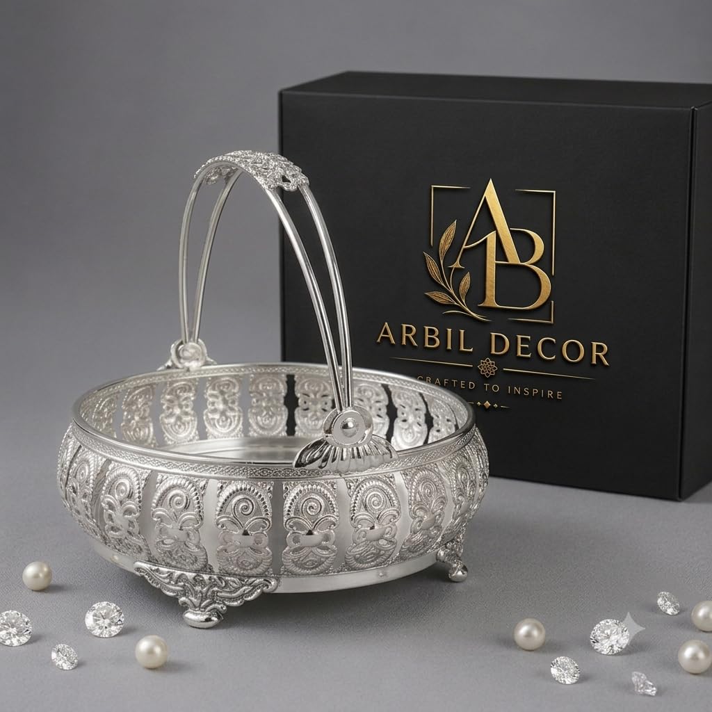 Arbil Decor German Silver Plated Flower Basket with Decorative Handle, 6 Inch Round Pooja Basket for Flowers & Prasad, Decorative Silver Basket for Gift Hamper, Dry Fruit Serving, Wedding Return Gift-picture-17