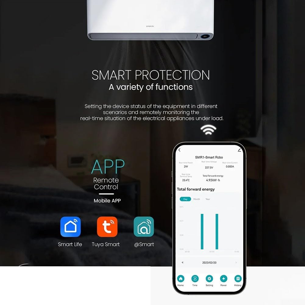 Interruttore automatico WIFI RCBO intelligente, interruttore automatico regolabile corrente di protezione da sovracorrente 1P+N, telecomando APP per Tuya, 6kA(20-40A)