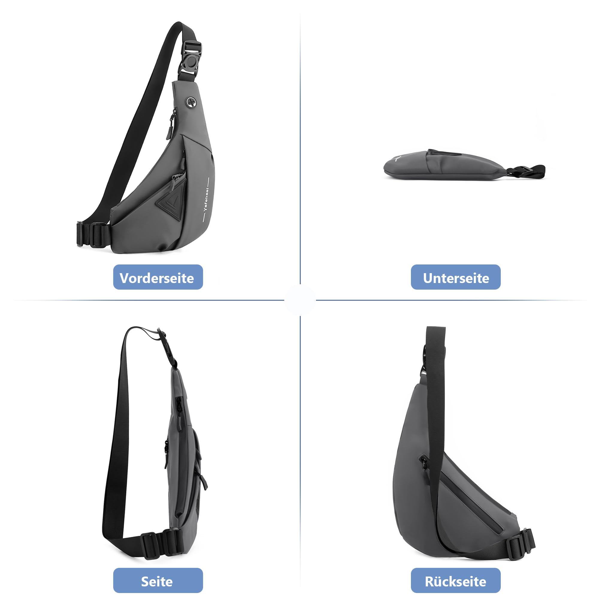 VARLIVOO Brusttasche Herren, wasserdichte Anti Diebstahl Umhängetasche, Kleine Leichte Schultertasche für Herren zum Reisen, Wandern und Alltag Grau A
