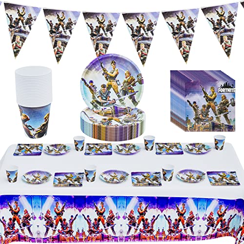 Decoración de cumpleaños de Fortnite 62 pcs, Vajilla Fortnite, Mantel Fortnite Cumpleaños,...