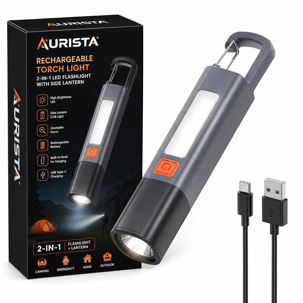 AURISTA Rechargeable Torch Light with Side Lantern, 2-in-1 LED Flashlight Recharrgeable Torch with Hook, Zoomable Focus, USB Rechargeable Flash Light for Camping, Emergency, Home & Outdoor Use-picture-33