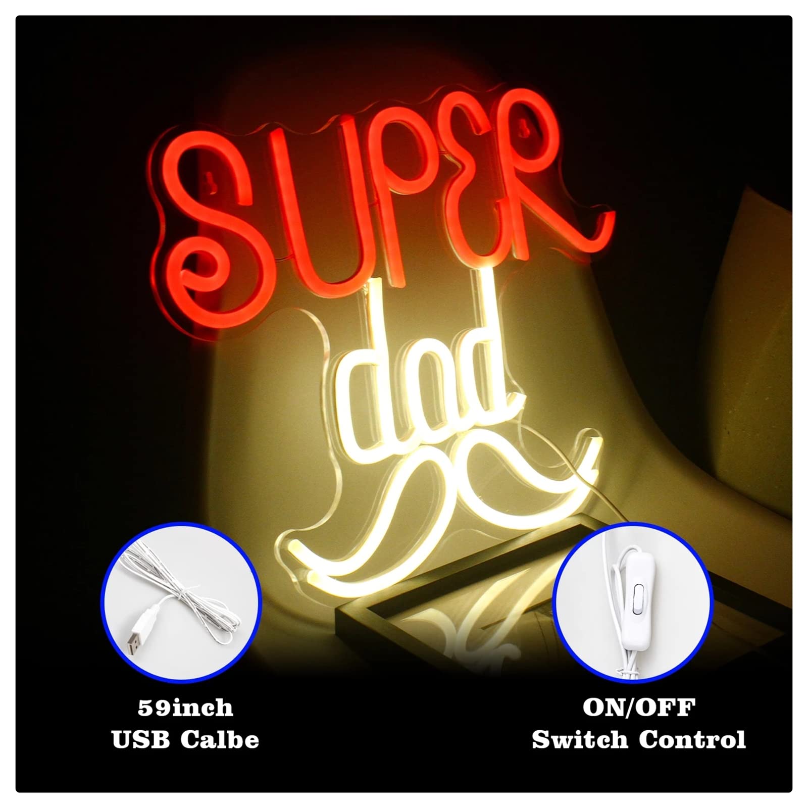 Insegna al Neon a LED Luce al Neon a LED, Insegna al Neon Super papà per Il Regalo di papà, Decorazione per Applique da Parete Artistica per casa, Bar, Club, Feste, Compleanni, Natale, 38X32 cm
