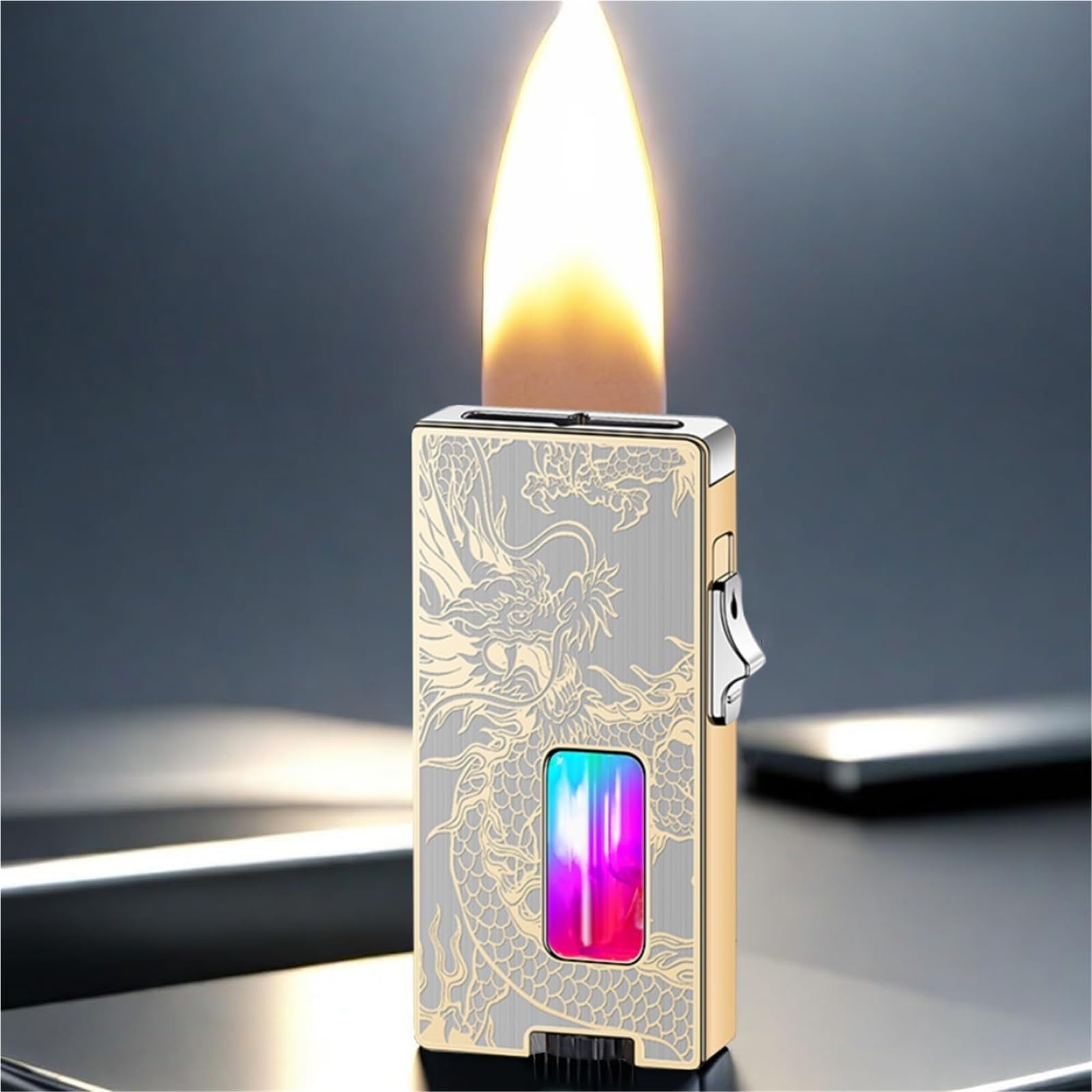 Encendedor de gas butano con llama suave y ancha plateado miniatura 7