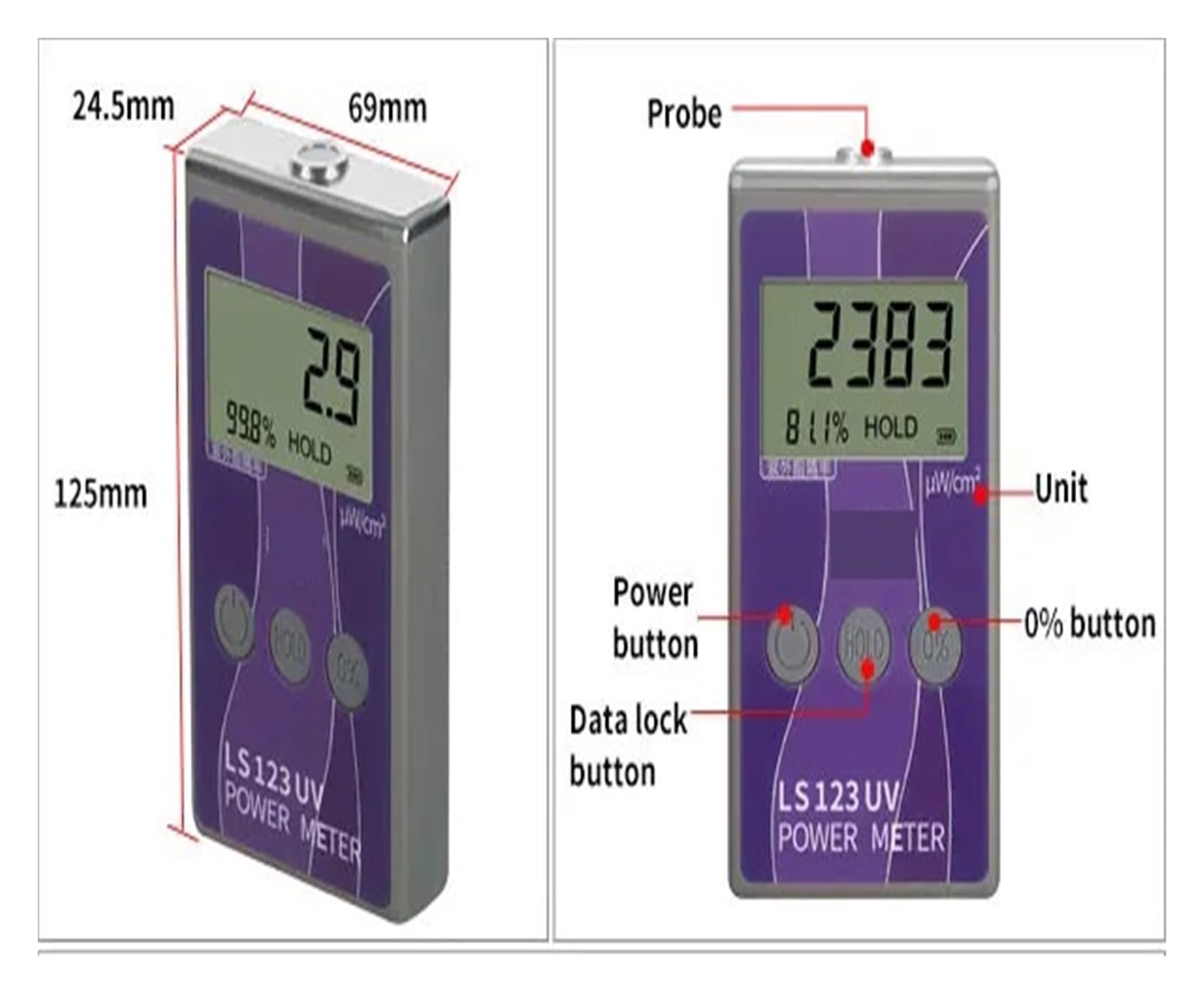 Medidor UV portátil 123 Medida Radiación ultravioleta Intensidad de potencia Radiancia Densidad Tasa de rechazo