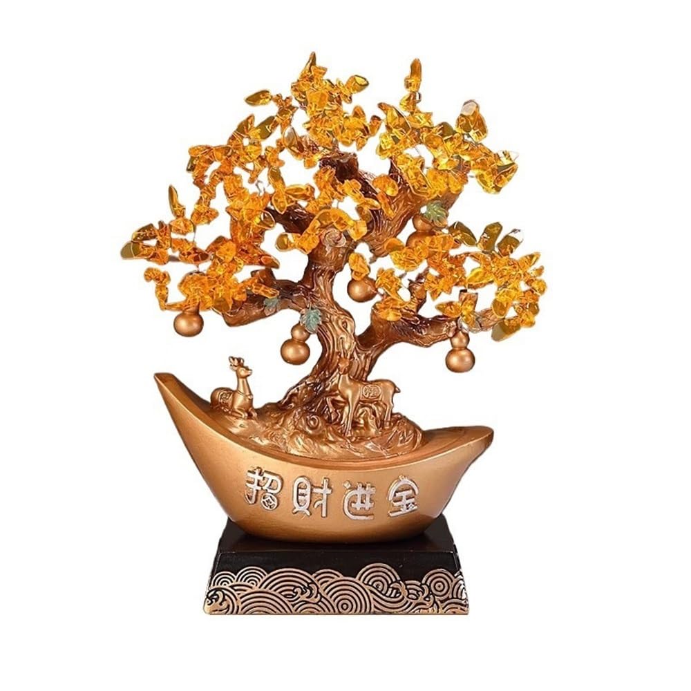 Money Tree Citrine Gemstone Tree with High Base, for Wealth Fortune and Luck Decorations Crystal Tree(Gold)
