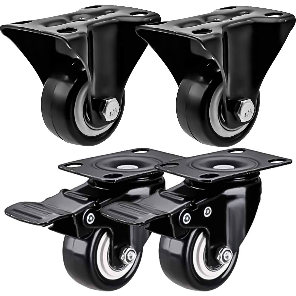 FactorDuty 4 Pack Combo 1.5 inch Caster Wheels 2 Rigid Non Swivel Fixed Stationery & 2 with Brake Swivel Plate All Black Polyurethane Wheels Non