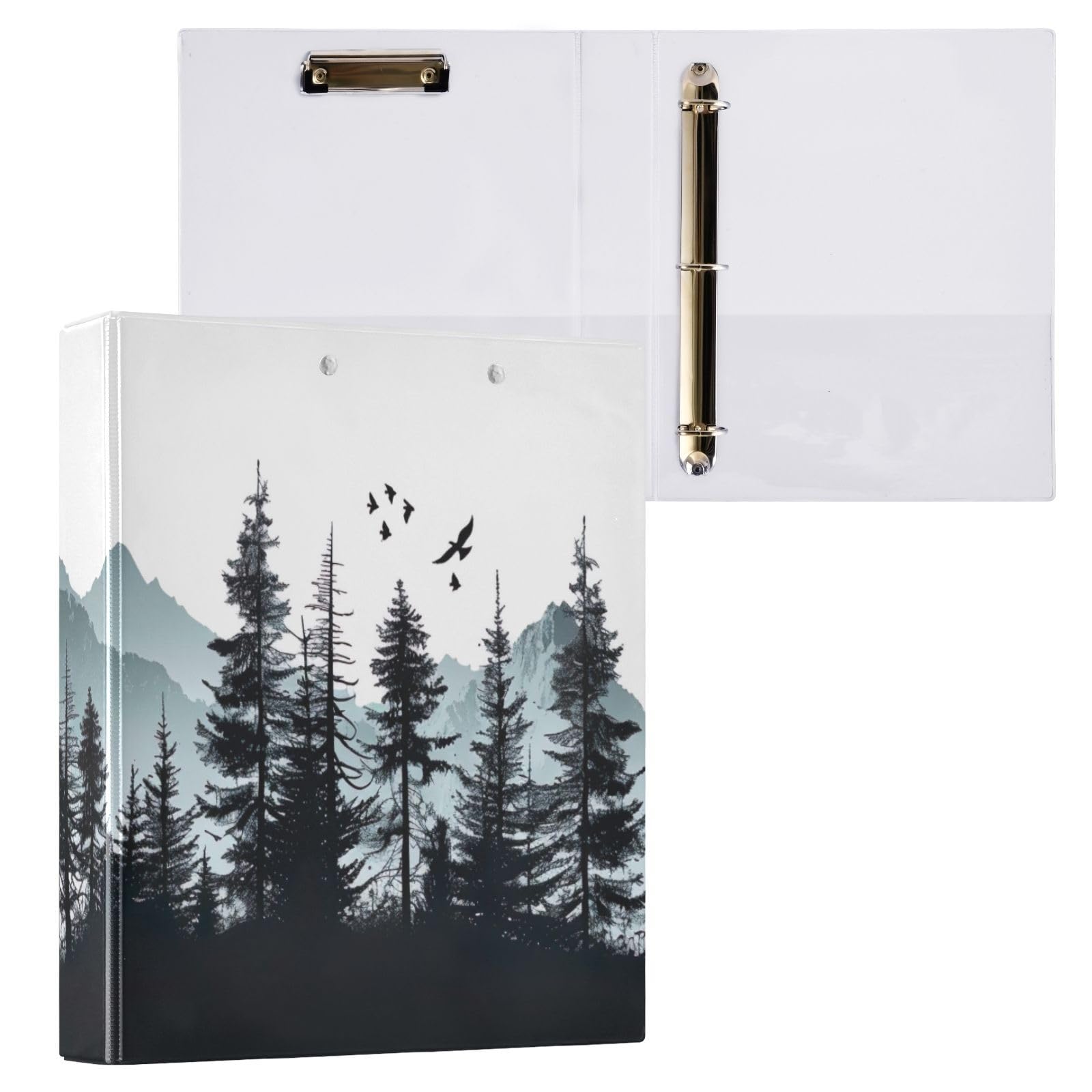Raccoglitore a 3 anelli, 3,8 cm, motivo: montagna con pino, decorativo, rotondo, con clip in metallo, formato lettera, per casa e ufficio, confezione da 2