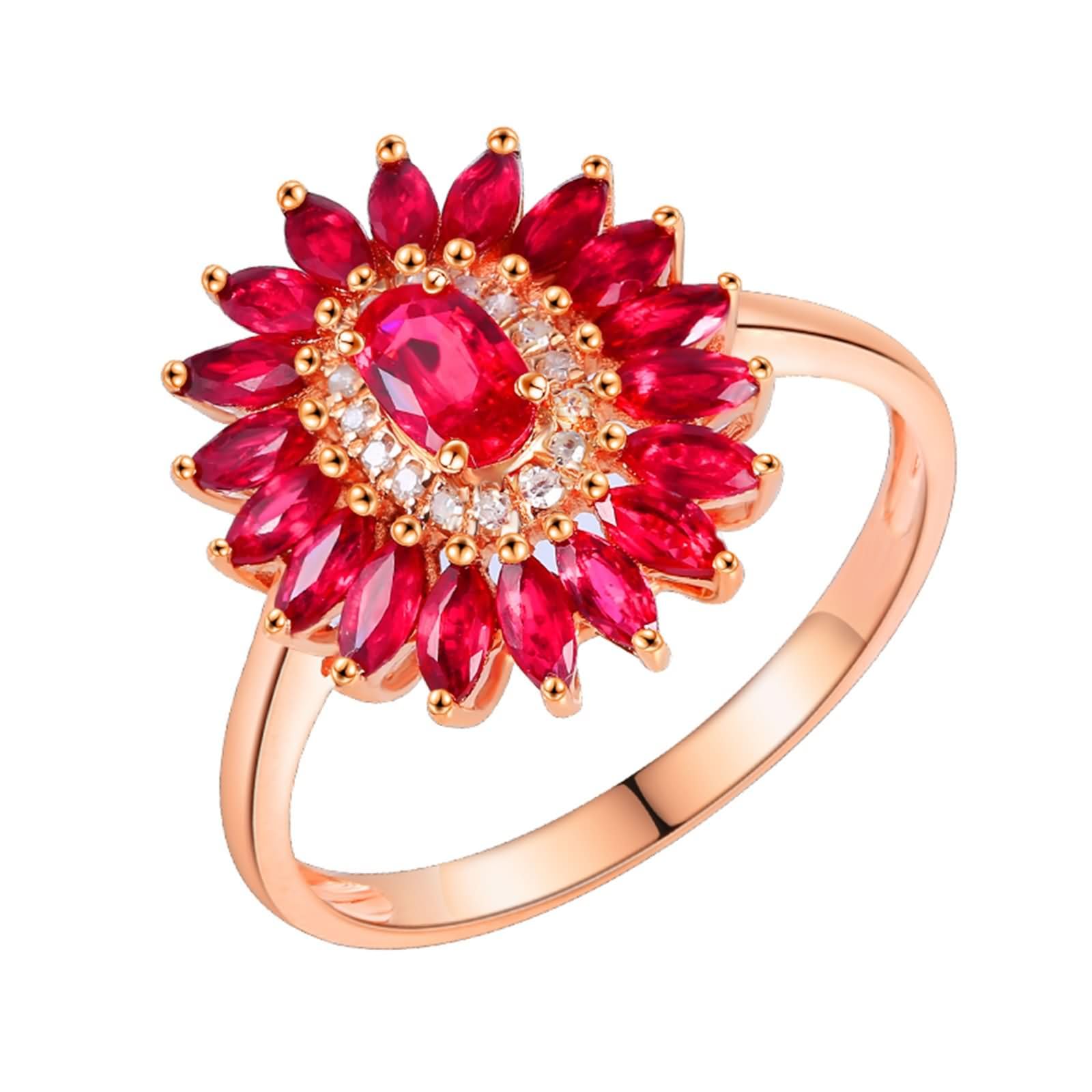 Anelli Fedi Nuziali di Oro Rosa 9K / 14K / 18K Donna, Fiore con Rubino Sintetico da 1,69ct e Moissanite, Donna Anello Fedina di Oro Rosa