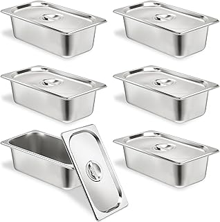 6 Set Stainless Steel Hotel Pans 1/3 Size 4 Inch Deep With Lids, Anti-Jam Chafing Steam Table Pans, Catering Food Storage Metal Pan