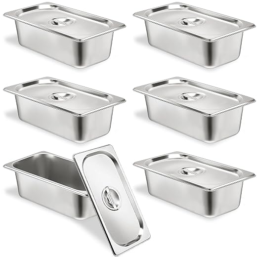 6 Pack Hotel Pans 1/3 Size 4" Deep Stainless Steel Steam Table Pan w/Lids