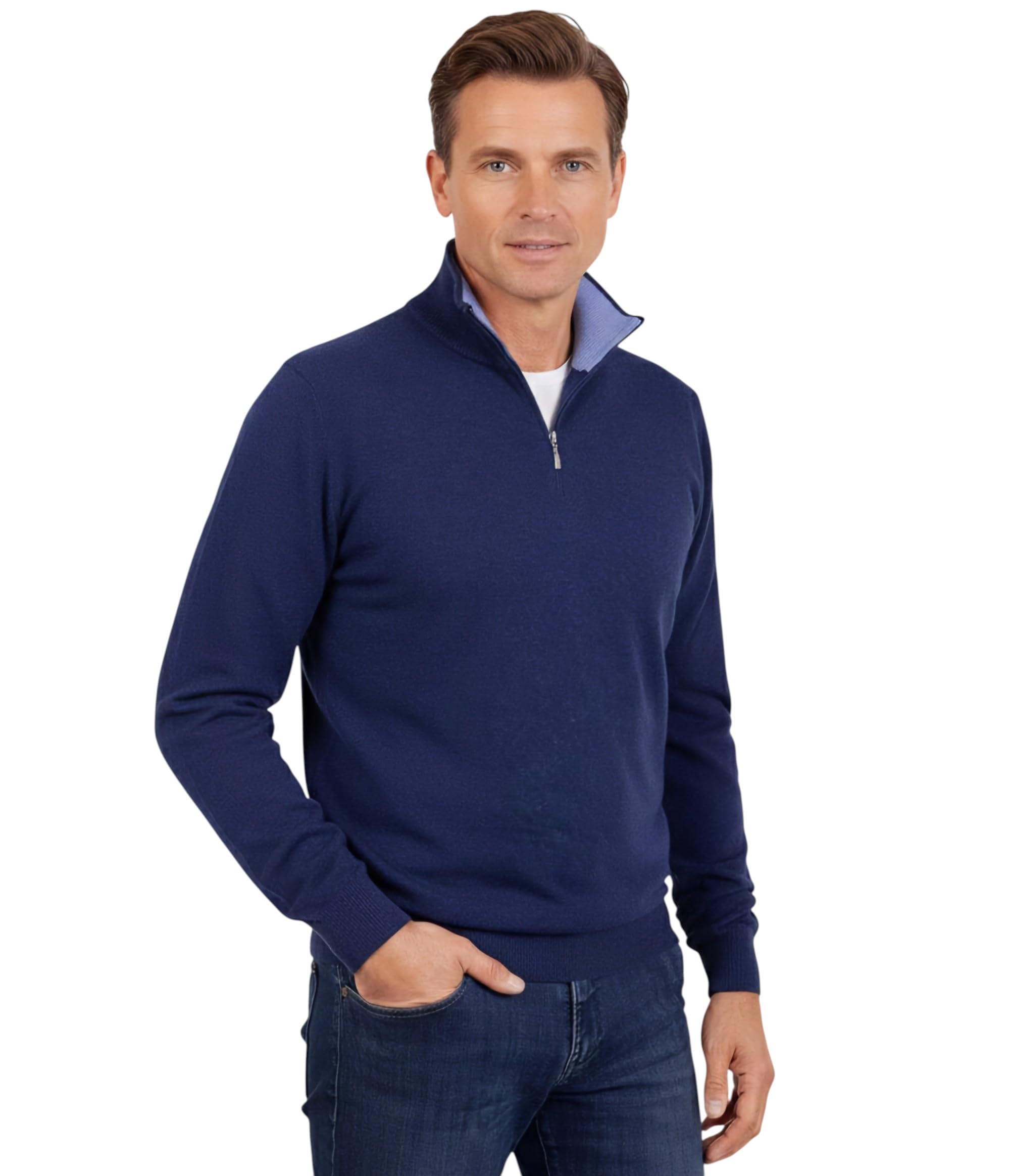 Men's Zip Up Turtleneck mere Blend Silk Made in Italy Sweater Half Zip Pullover Long Sleeve Merino Wool mere Sweater Beige Blue Grey Knit Winter Clothing Gift, Blue Melange, L