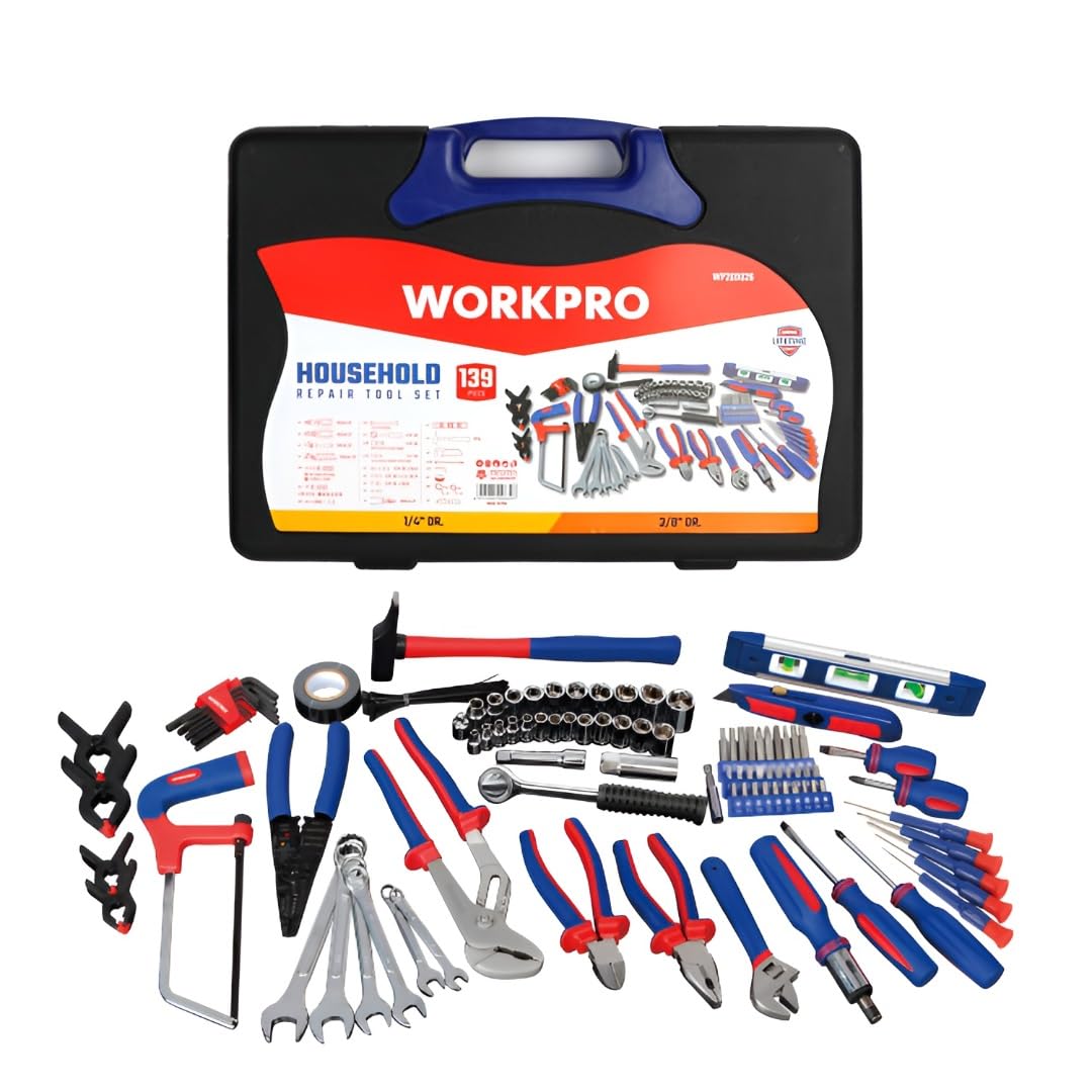 WORKPRO Haushaltswerkzeug-Set, 139-teilig, inkl. Hammer, Zange, Schraubenschlüssel, Schraubendreher, metrische Stecknüsse, mit Koffer