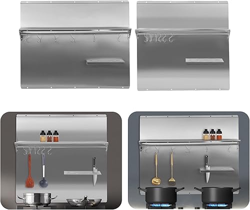 Miniatura 3 de Protector de pared con campana extractora y estante de acero inoxidable, placa de salpicaduras plateada, con estante de almacenamiento integrado y