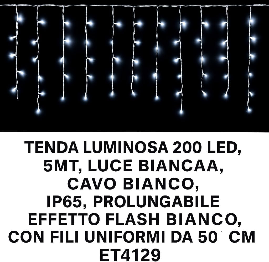 Elektronova Zasłona świetlna, 200 diod LED, 5 m, białe światło, biały kabel, IP65, przedłużana, efekt białego błysku, z jednolitymi przewodami 50 cm, girlandą bożonarodzeniową, sklepami, balkonem