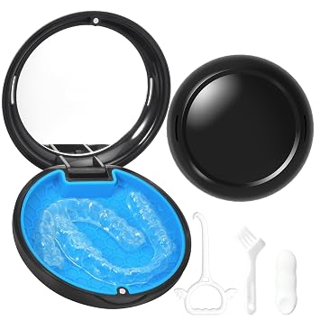 Retainer Case with Mirror,Slim Aligner Case with Vent Holes,Cute Night Mouth Guard Box,Retainer Removal Tool and Brush Black Blue