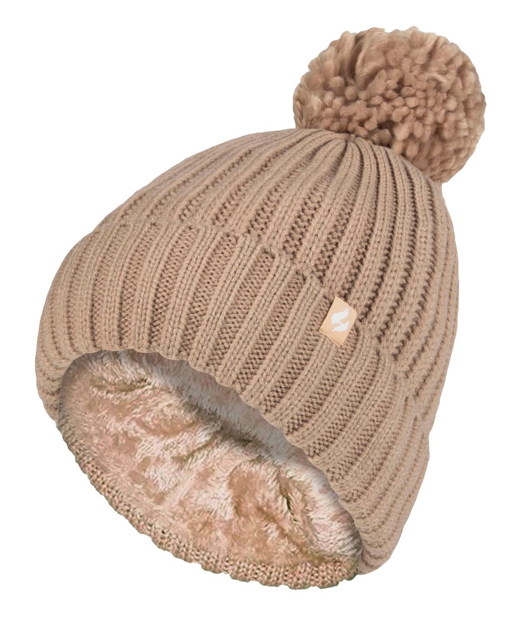 HEAT HOLDERSLadies Chunky Ribbed Cuffed Thermal Winter Pom Pom Bobble Beanie Hat with Fleece Lining