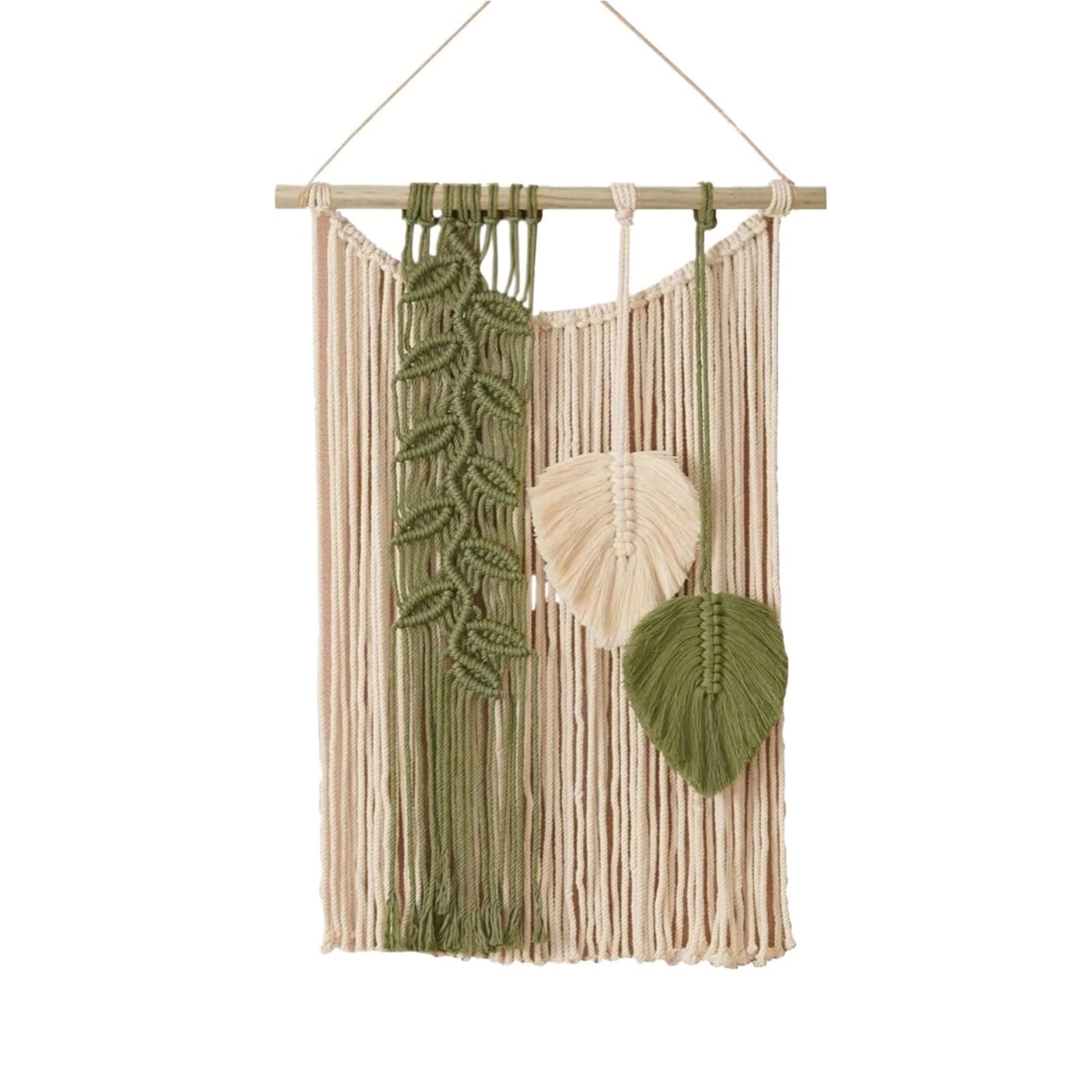 BFLCWSTD Macrame Wall Hanging Rural Style Cotton Rope Tapestry Hand Knotted Leaves Wall Art Hanging Muslin Macrame Tassel Tapestries(Green)