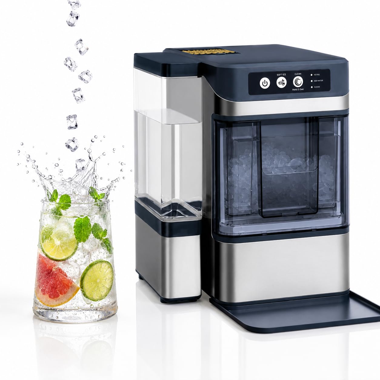 Máquina de Hielo Nugget Masticable, 20kg/24h, Hielo en 8-10 Min | Hielo suave ideal para bebidas, con depósito 1,3L, autolimpieza y diseño compacto para hogar, oficina y fiestas.